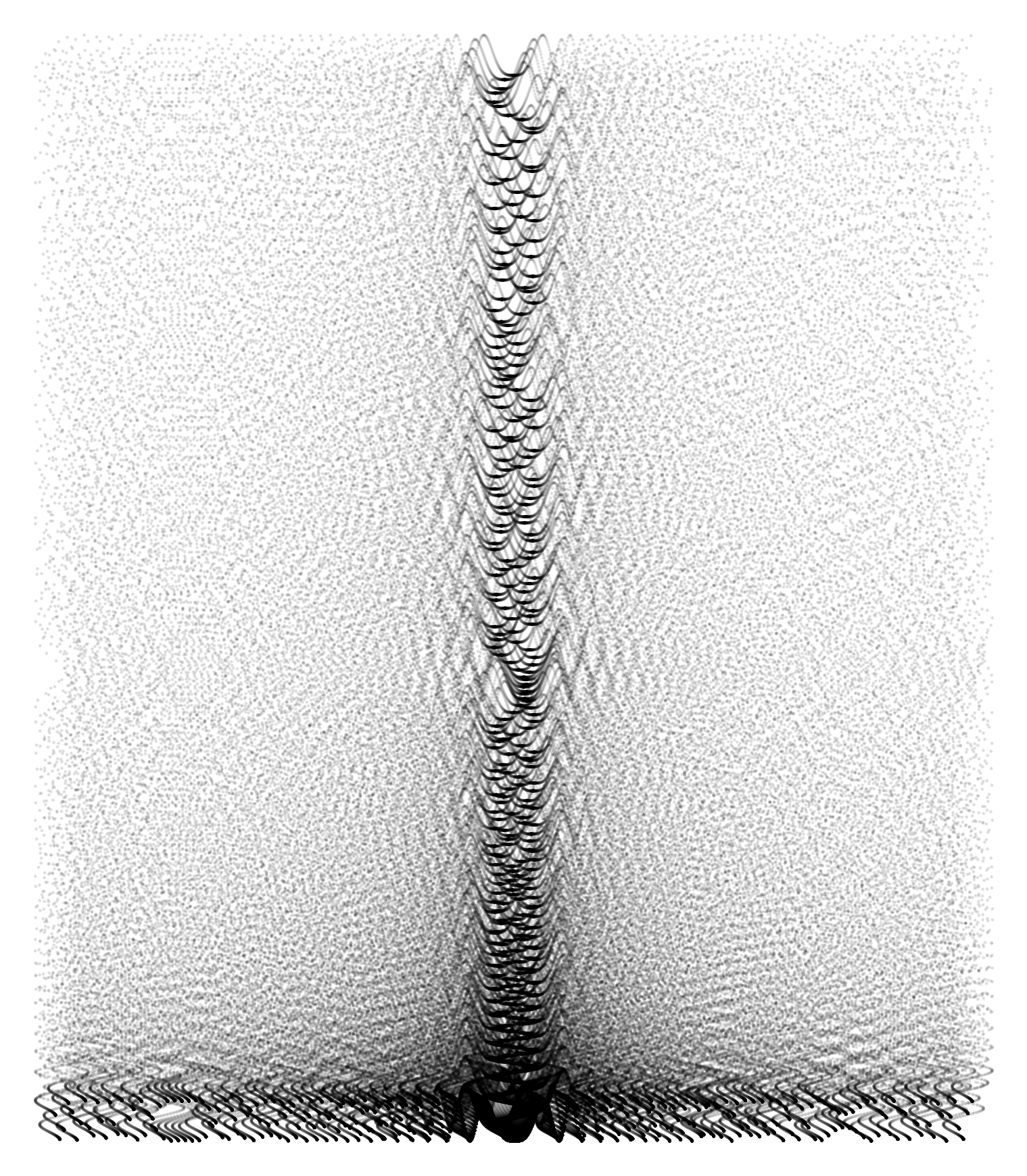 A column of fine dots rising from a dense floor.